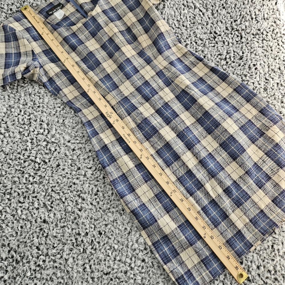 Vintage 90s My Michelle Blue Plaid Mini Dress 7/8 XS Short Sleeve Linen Grunge - Picture 10 of 14